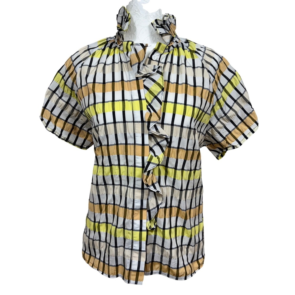 Boho Chic Yellow Plaid Ruffle Front Mock Neck Button Up Top Blouse Womens Small
